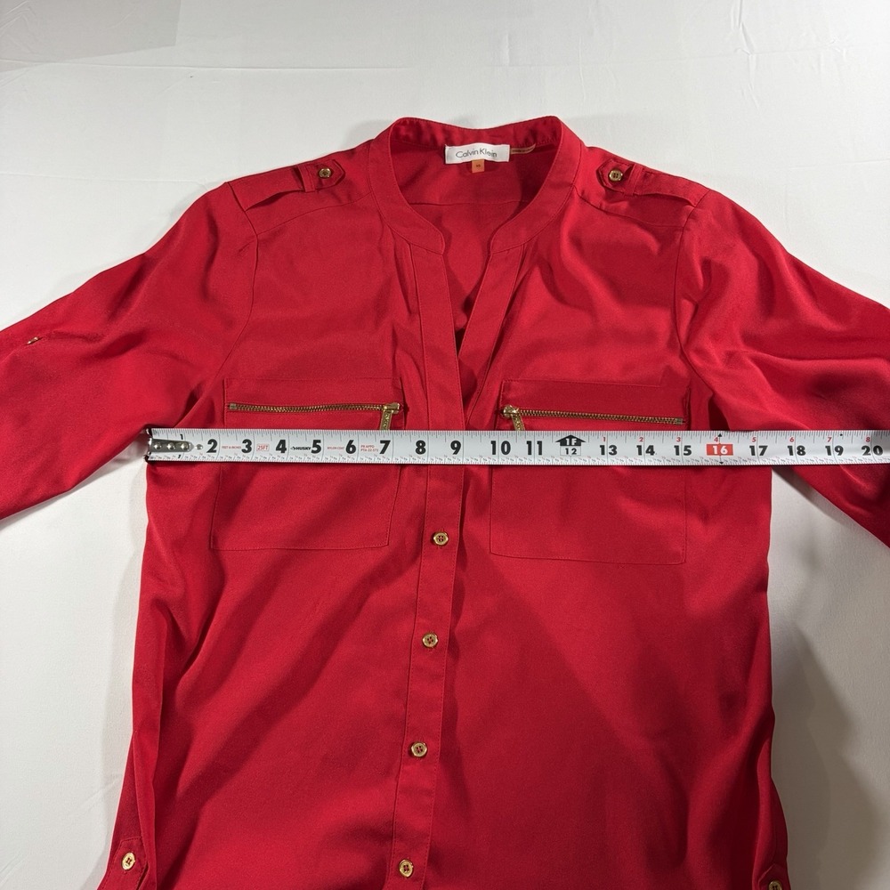 Calvin Klein Women's XS Red Utility Blouse Gold Zip Pocket Button Shirt Roll Tab - Picture 4 of 8